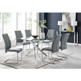 Furniturebox UK Leonardo Glass And Chrome Metal Dining Table And 6 Elephant Grey Lorenzo Leather Chairs