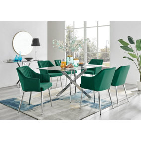 Furniturebox UK Leonardo Glass And Chrome Metal Dining Table And 6 Green Calla Silver Leg Velvet Chairs