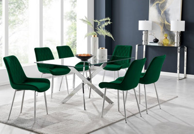 Furniturebox UK Leonardo Glass And Chrome Metal Dining Table And 6 Green Pesaro Velvet Silver Leg Chairs