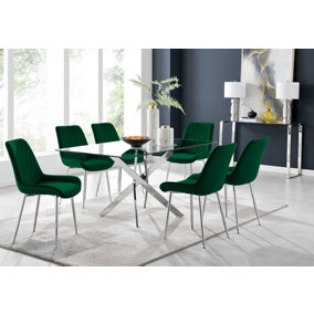 Furniturebox UK Leonardo Glass And Chrome Metal Dining Table And 6 Green Pesaro Velvet Silver Leg Chairs