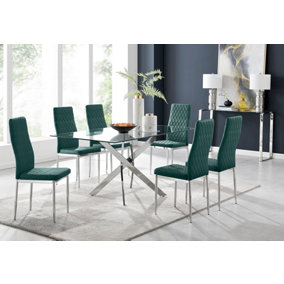 Furniturebox UK Leonardo Glass And Chrome Metal Dining Table And 6 Green Velvet Milan Chairs