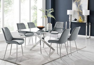 Furniturebox UK Leonardo Glass And Chrome Metal Dining Table And 6 Grey Pesaro Velvet Silver Leg Chairs