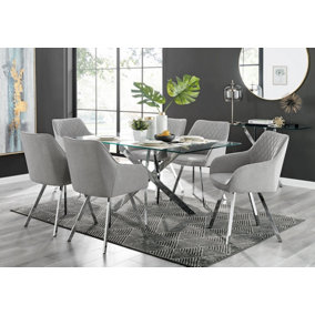 Furniturebox UK Leonardo Glass And Chrome Metal Dining Table And 6 Light Grey Falun Fabric Silver Leg Chairs