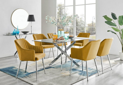 Furniturebox UK Leonardo Glass And Chrome Metal Dining Table And 6 Mustard Calla Silver Leg Velvet Chairs