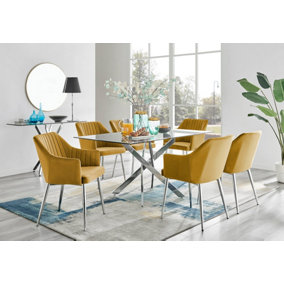 Furniturebox UK Leonardo Glass And Chrome Metal Dining Table And 6 Mustard Calla Silver Leg Velvet Chairs
