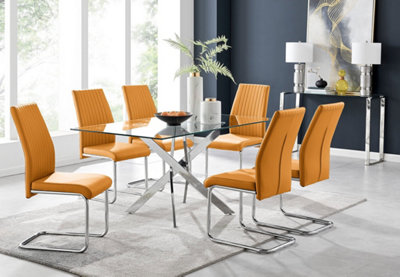 Furniturebox UK Leonardo Glass And Chrome Metal Dining Table And 6 Mustard Lorenzo Leather Chairs