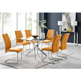 Furniturebox UK Leonardo Glass And Chrome Metal Dining Table And 6 Mustard Lorenzo Leather Chairs