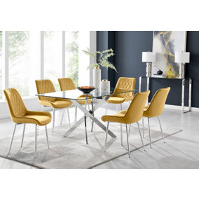 Furniturebox UK Leonardo Glass And Chrome Metal Dining Table And 6 Mustard Pesaro Velvet Silver Leg Chairs