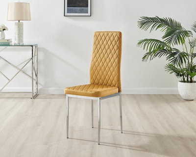 Furniturebox UK Leonardo Glass And Chrome Metal Dining Table And 6 Mustard Velvet Milan Chairs