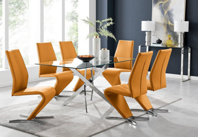 Furniturebox UK Leonardo Glass And Chrome Metal Dining Table And 6 Mustard Yellow Willow Chairs Dining Set