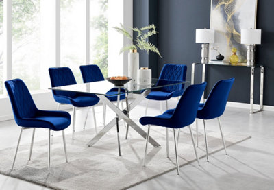 Furniturebox UK Leonardo Glass And Chrome Metal Dining Table And 6 Navy Pesaro Velvet Silver Leg Chairs