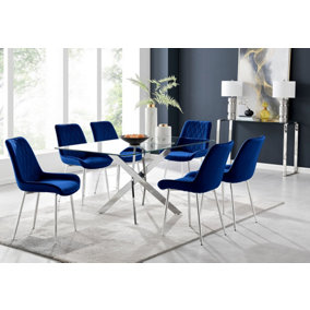 Furniturebox UK Leonardo Glass And Chrome Metal Dining Table And 6 Navy Pesaro Velvet Silver Leg Chairs