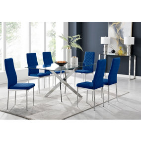Furniturebox UK Leonardo Glass And Chrome Metal Dining Table And 6 Navy Velvet Milan Chairs