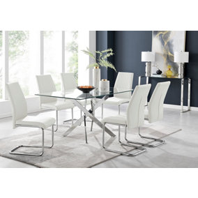 Furniturebox UK Leonardo Glass And Chrome Metal Dining Table And 6 White Lorenzo Leather Chairs