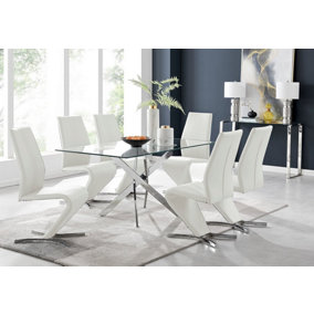Furniturebox UK Leonardo Glass And Chrome Metal Dining Table And 6 White Willow Chairs Dining Set