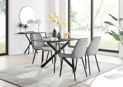 Furniturebox UK Leonardo Grey Glass Marble Effect Black Leg Table & 4 Grey Pesaro Black Leg Chairs