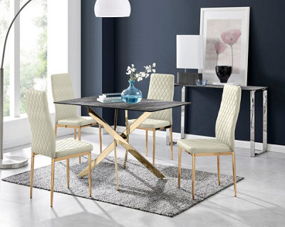 Furniturebox UK Leonardo Grey Glass Marble Effect Gold Leg Table & 4 Cream Pesaro Gold Leg Chairs