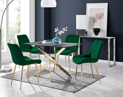 Furniturebox UK Leonardo Grey Glass Marble Effect Gold Leg Table & 4 Green Pesaro Gold Leg Chairs