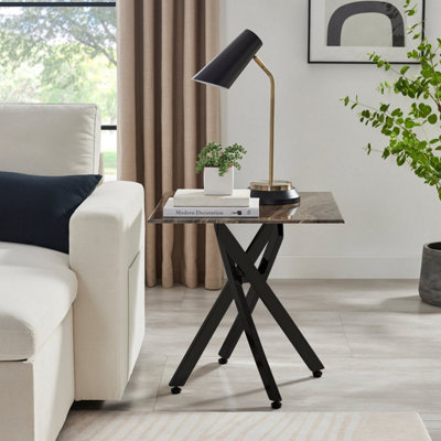 Furniturebox UK Leonardo Side Table With Grey Glass Marble Effect Top And Black Legs