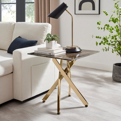 Furniturebox UK Leonardo Side Table With Grey Glass Marble Effect Top And Gold Legs