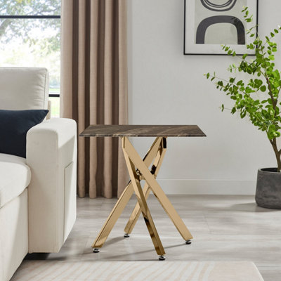 Furniturebox UK Leonardo Side Table With Grey Glass Marble Effect Top And Gold Legs