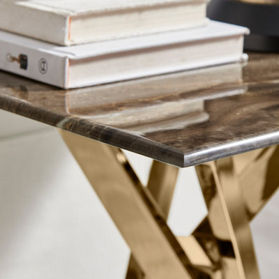 Furniturebox UK Leonardo Side Table With Grey Glass Marble Effect Top And Gold Legs