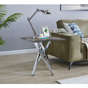 Furniturebox UK Leonardo Side Table With Grey Glass Marble Effect Top And Silver Legs