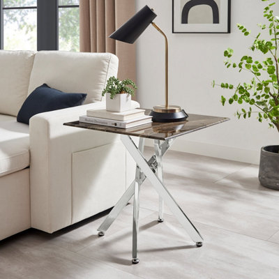Furniturebox UK Leonardo Side Table With Grey Glass Marble Effect Top And Silver Legs