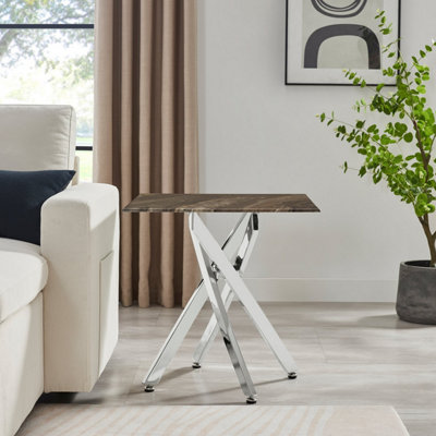 Furniturebox UK Leonardo Side Table With Grey Glass Marble Effect Top And Silver Legs
