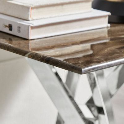 Furniturebox UK Leonardo Side Table With Grey Glass Marble Effect Top And Silver Legs