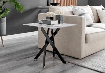 Furniturebox UK Leonardo Side Table With White Glass Marble Effect Top And Black Legs