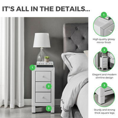 Furniturebox UK Lexi Contemporary White Mirrored Bedside Table Side Table Bedroom Cabinet Modern Slimline 3 Drawer Reflective