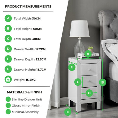 Furniturebox UK Lexi Contemporary White Mirrored Bedside Table Side Table Bedroom Cabinet Modern Slimline 3 Drawer Reflective
