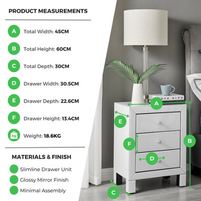 Furniturebox UK Lexi White Mirrored Bedside Table Side Table Bedroom Cabinet Modern 3 Drawer Reflective Bedroom Furniture