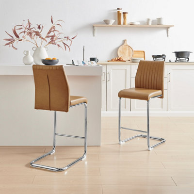 Furniturebox UK Lorenzo 2x  Tan Faux Leather & Silver Leg Bar Chairs