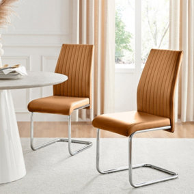 Furniturebox UK Lorenzo 2x Tan Faux Leather Silver Leg Dining Chair