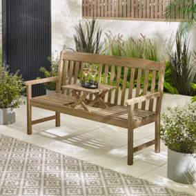 Furniturebox UK Lox Solid Wood 2 Seat Outdoor Bench with Pop-Up Table - Rustic Garden Seating