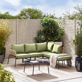 Furniturebox UK Maldives Black Metal & Light Brown Rattan Corner Sofa with Cream Cushions - 5 Seat Patio Set