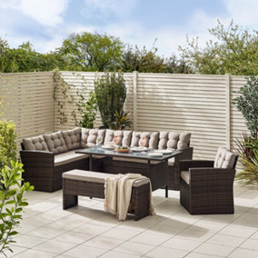 Furniturebox UK Marbella Brown Rattan Garden Dining Set 9 Seat Outdoor Sofa and Casual Dining - Chair & Bench - Free Cover
