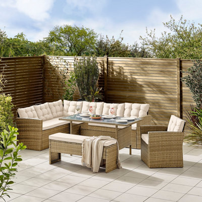 Furniturebox UK Marbella Textured Beige Rattan Garden Dining Set Taupe Cushions 9 Seat Outdoor Sofa, Chair & Bench - Free Cover