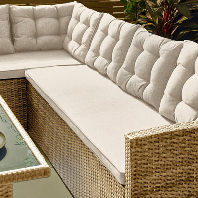 Furniturebox UK Marbella Textured Beige Rattan Garden Dining Set Taupe Cushions 9 Seat Outdoor Sofa, Chair, Bench, Table 145x80cm