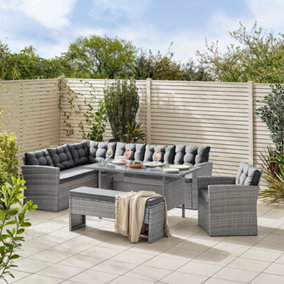 Furniturebox UK Marbella Textured Grey Rattan Garden Dining Set Grey Cushions 9 Seat Outdoor Sofa, Chair & Bench - Free Cover
