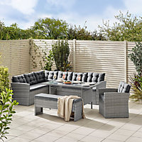 Furniturebox UK Marbella Textured Grey Rattan Garden Dining Set Grey Cushions 9 Seat Outdoor Sofa, Chair, Bench, Table 145x80cm