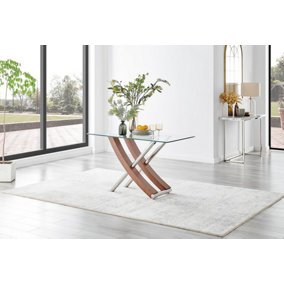 Furniturebox UK Mayfair 4 Seater Wood Veneer and Shiny Stainless Steel Metal Dining Table with Striking Curved X Shaped Legs