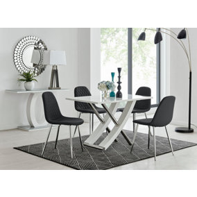 Furniturebox UK Mayfair 4 White High Gloss And Stainless Steel Dining Table And 4 Black Corona Silver Leg Chairs