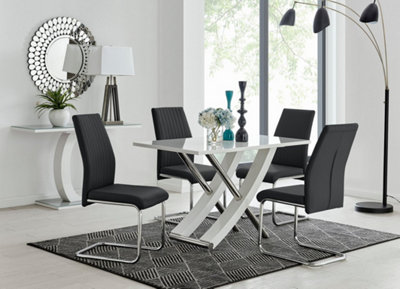 Furniturebox UK Mayfair 4 White High Gloss And Stainless Steel Dining Table And 4 Black Lorenzo Chairs Set