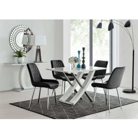 Furniturebox UK Mayfair 4 White High Gloss And Stainless Steel Dining Table And 4 Black Pesaro Silver Leg Chairs