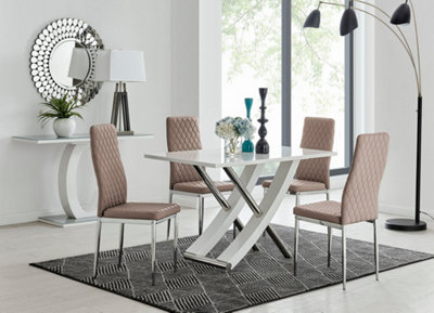 Furniturebox UK Mayfair 4 White High Gloss And Stainless Steel Dining Table And 4 Cappuccino Beige Milan Chairs Set