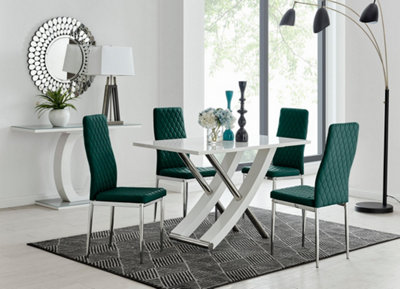 Furniturebox UK Mayfair 4 White High Gloss And Stainless Steel Dining Table And 4 Green Velvet Milan Chairs