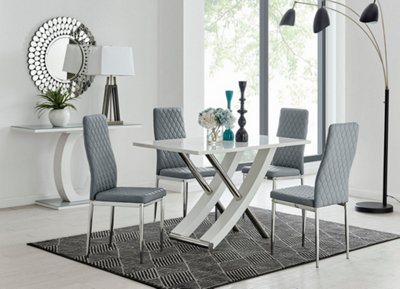 Furniturebox UK Mayfair 4 White High Gloss And Stainless Steel Dining Table And 4 Grey Milan Chairs Set